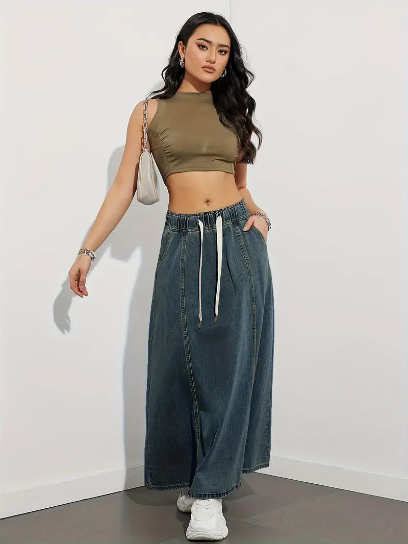 Women's Maxi Skirt - Denim - Elastic Waist with Drawstring - A-Line - Casual Look