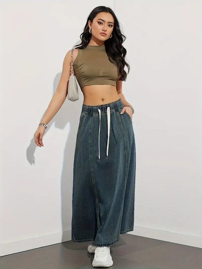 Women's Maxi Skirt - Denim - Elastic Waist with Drawstring - A-Line - Casual Look