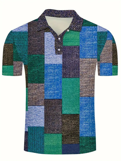 Men's Polo Shirt - Patchwork Design - Button Closure - Short-Sleeved - Breathable and Casual
