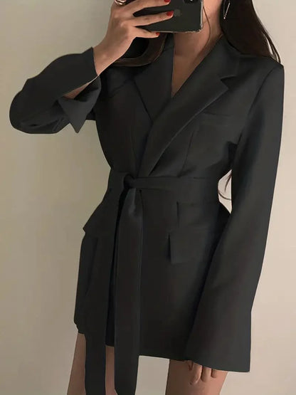Women's Blazer Dress - Tailored Fit - Belted Waist - Single Button with Flap Pockets