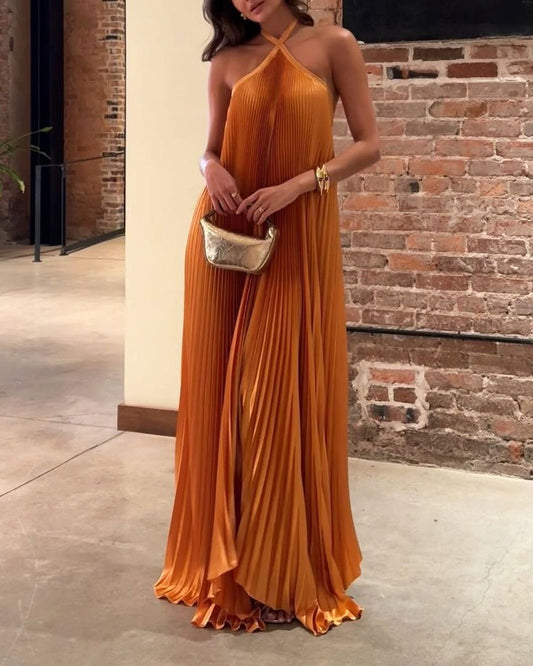 Women Maxi Dress - Pleated - Halterneck - Elegant Evening Dress
