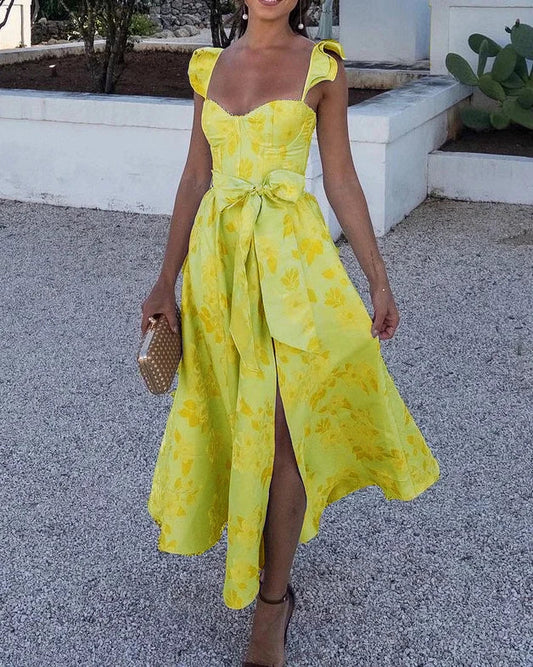 Women's Dress - Midi Length - Slit & Bow Waist - Floral Elegant Design