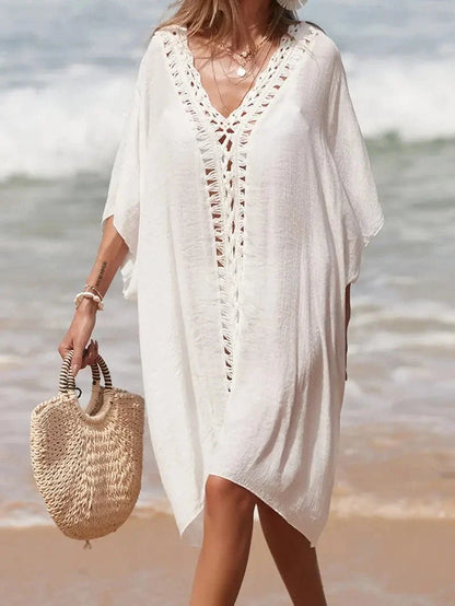 Women's Beach Kimono - Light and Airy - V-Neck with Lace Details - Short Sleeves