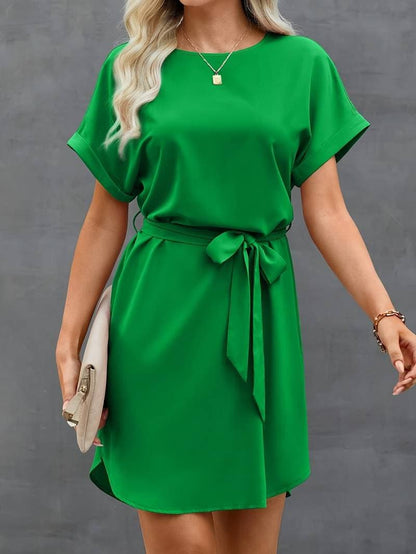 Women's Dress - Lightweight Fabric - Short Sleeves - Belt at the Waist - Relaxed Fit