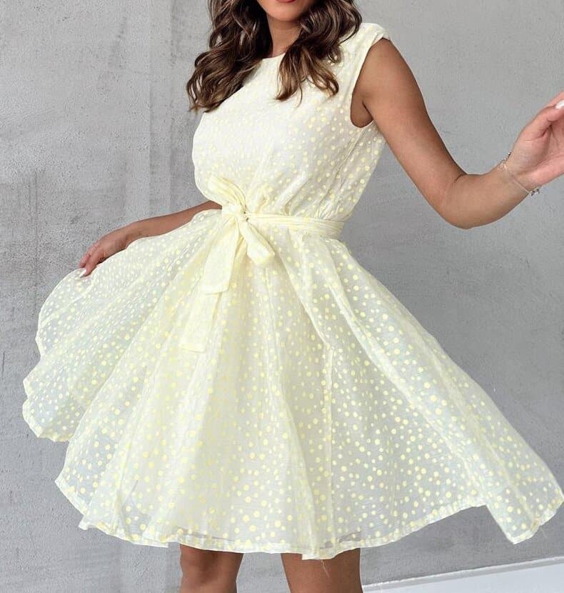 Anne - Solid Color and Yellow Polka Dot Dress with Belt Sleeves