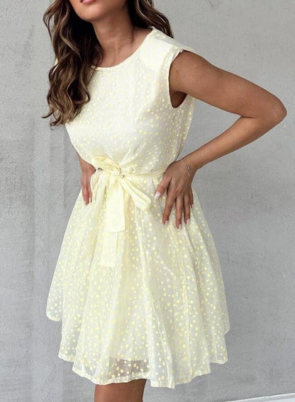 Anne - Solid Color and Yellow Polka Dot Dress with Belt Sleeves