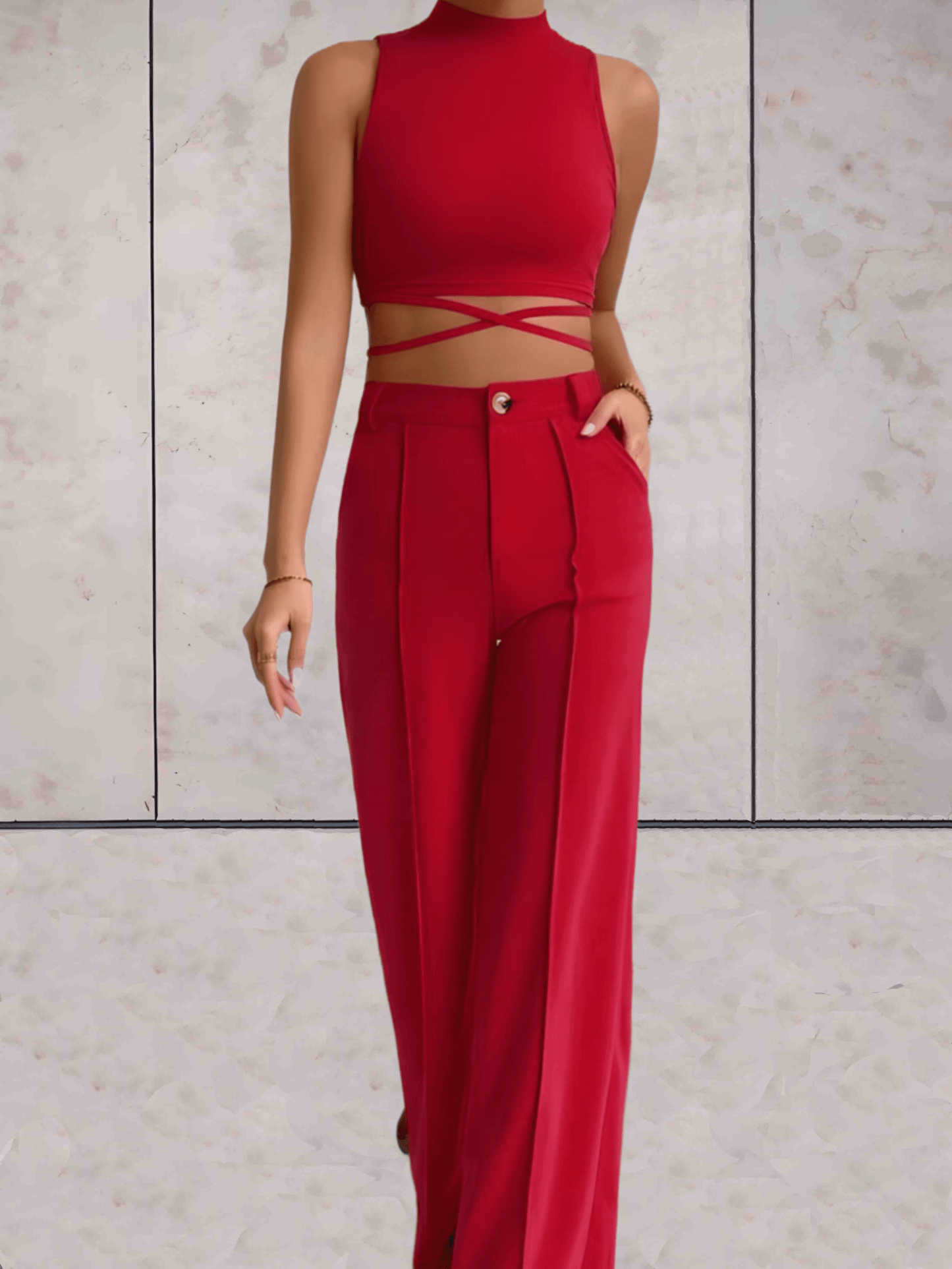 Women's Set - Crop Top with Cross Details & High-Waisted Wide Pants - Elegant Look