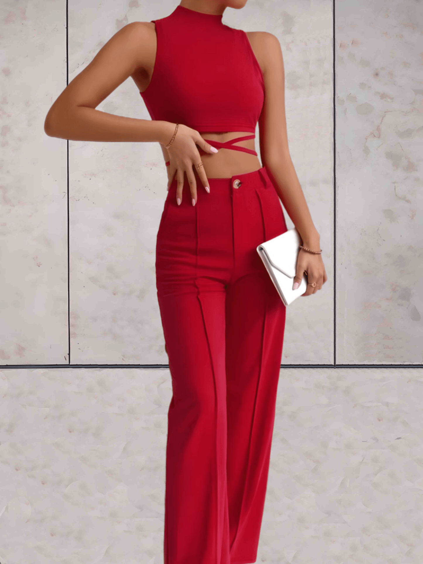 Women's Set - Crop Top with Cross Details & High-Waisted Wide Pants - Elegant Look