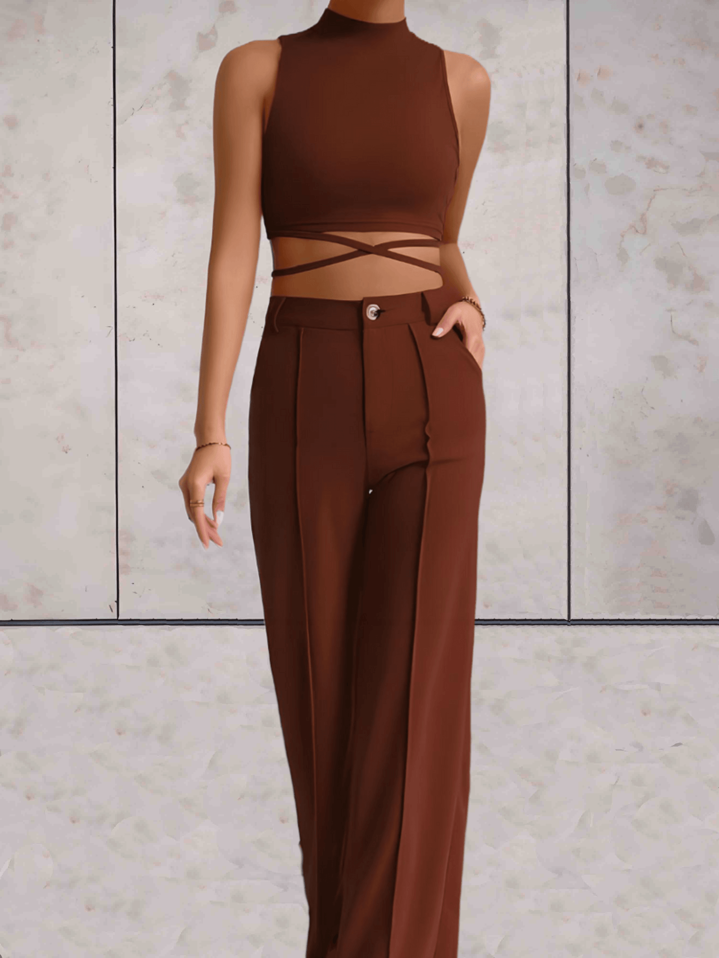 Women's Set - Crop Top with Cross Details & High-Waisted Wide Pants - Elegant Look