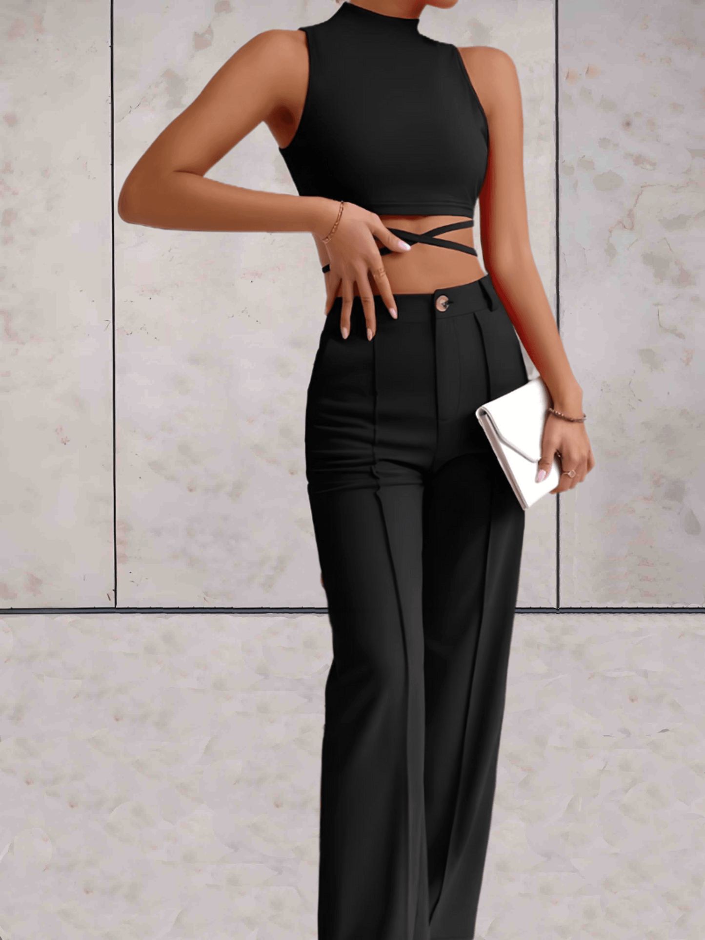 Women's Set - Crop Top with Cross Details & High-Waisted Wide Pants - Elegant Look