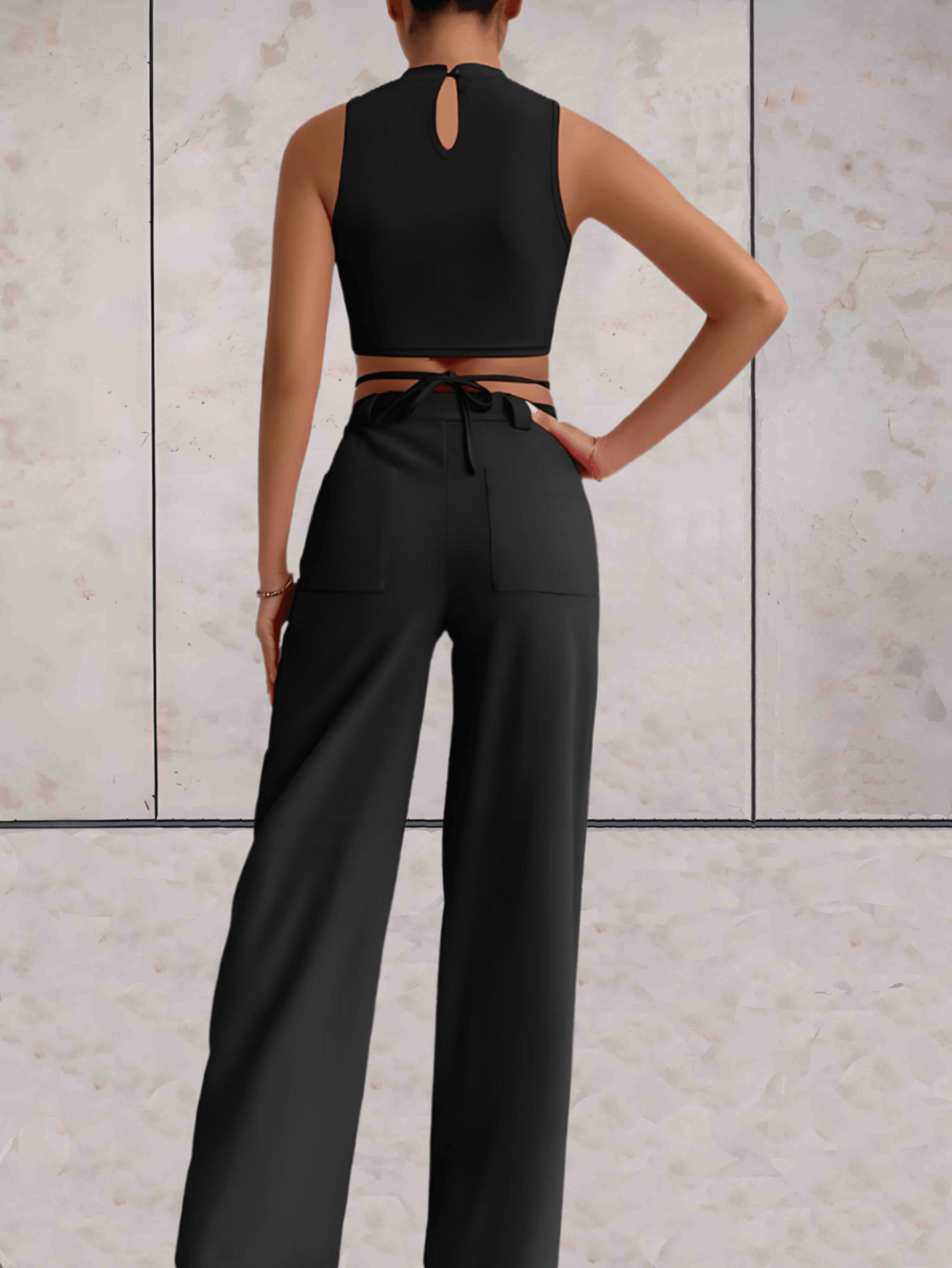 Women's Set - Crop Top with Cross Details & High-Waisted Wide Pants - Elegant Look