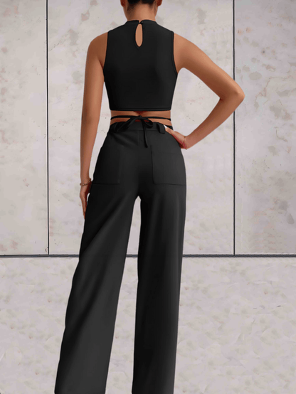 Women's Set - Crop Top with Cross Details & High-Waisted Wide Pants - Elegant Look