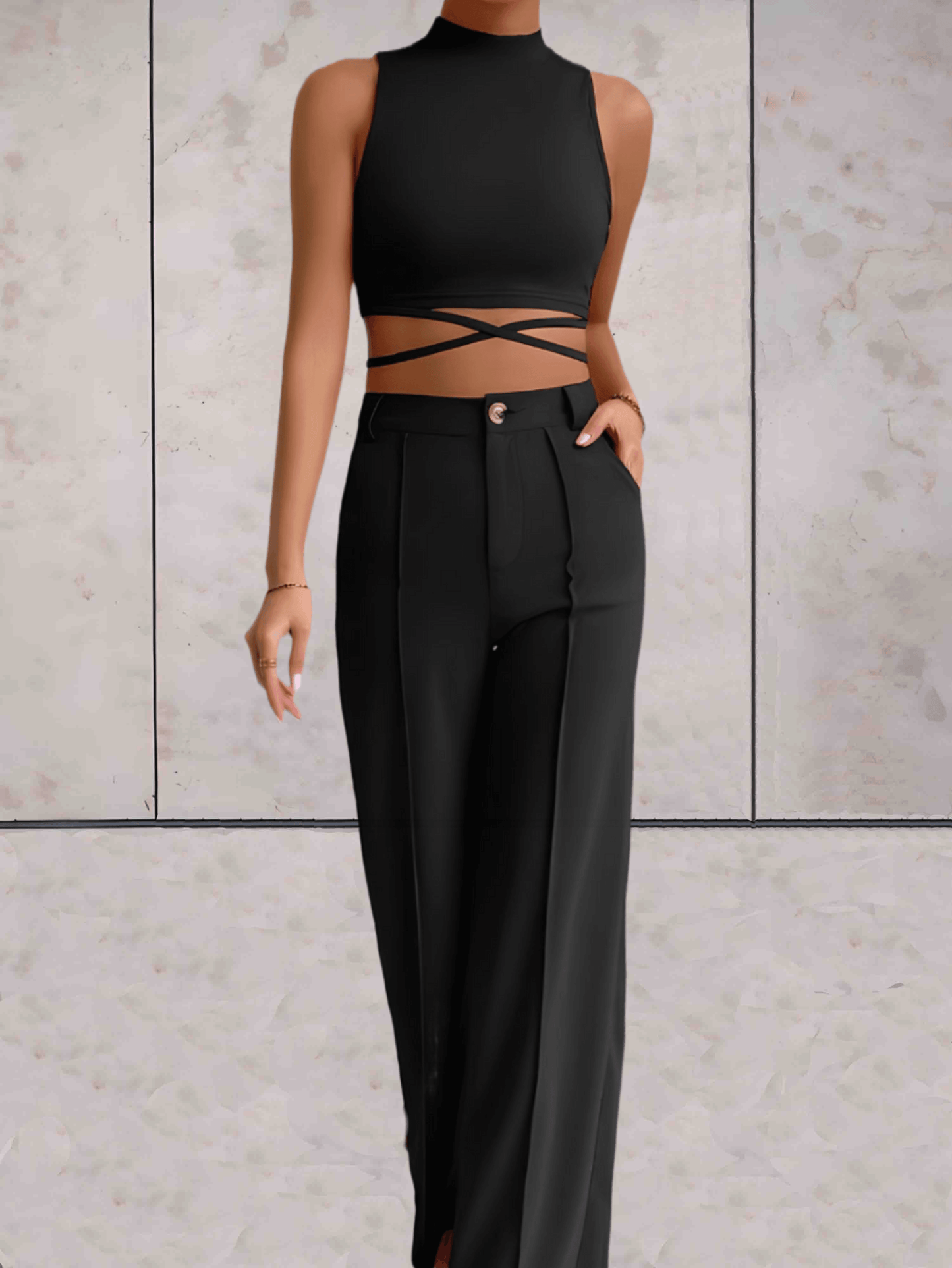 Women's Set - Crop Top with Cross Details & High-Waisted Wide Pants - Elegant Look