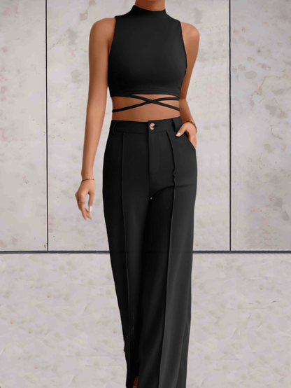 Women's Set - Crop Top with Cross Details & High-Waisted Wide Pants - Elegant Look
