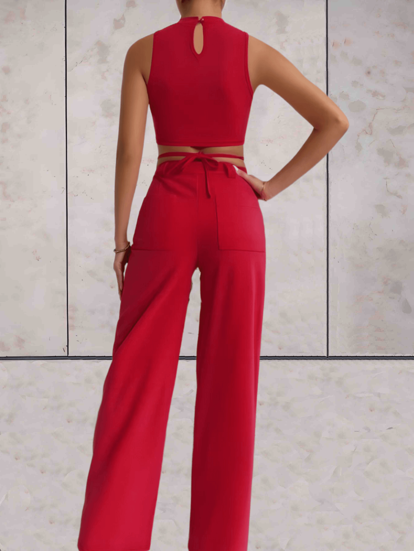 Women's Set - Crop Top with Cross Details & High-Waisted Wide Pants - Elegant Look