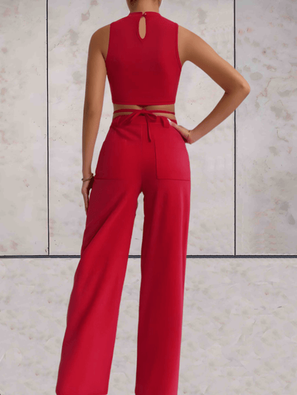 Women's Set - Crop Top with Cross Details & High-Waisted Wide Pants - Elegant Look