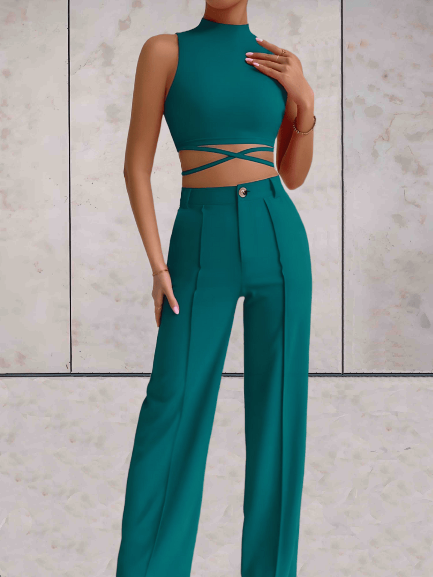 Women's Set - Crop Top with Cross Details & High-Waisted Wide Pants - Elegant Look