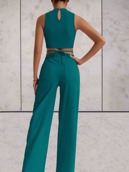 Women's Set - Crop Top with Cross Details & High-Waisted Wide Pants - Elegant Look
