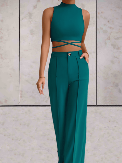 Women's Set - Crop Top with Cross Details & High-Waisted Wide Pants - Elegant Look