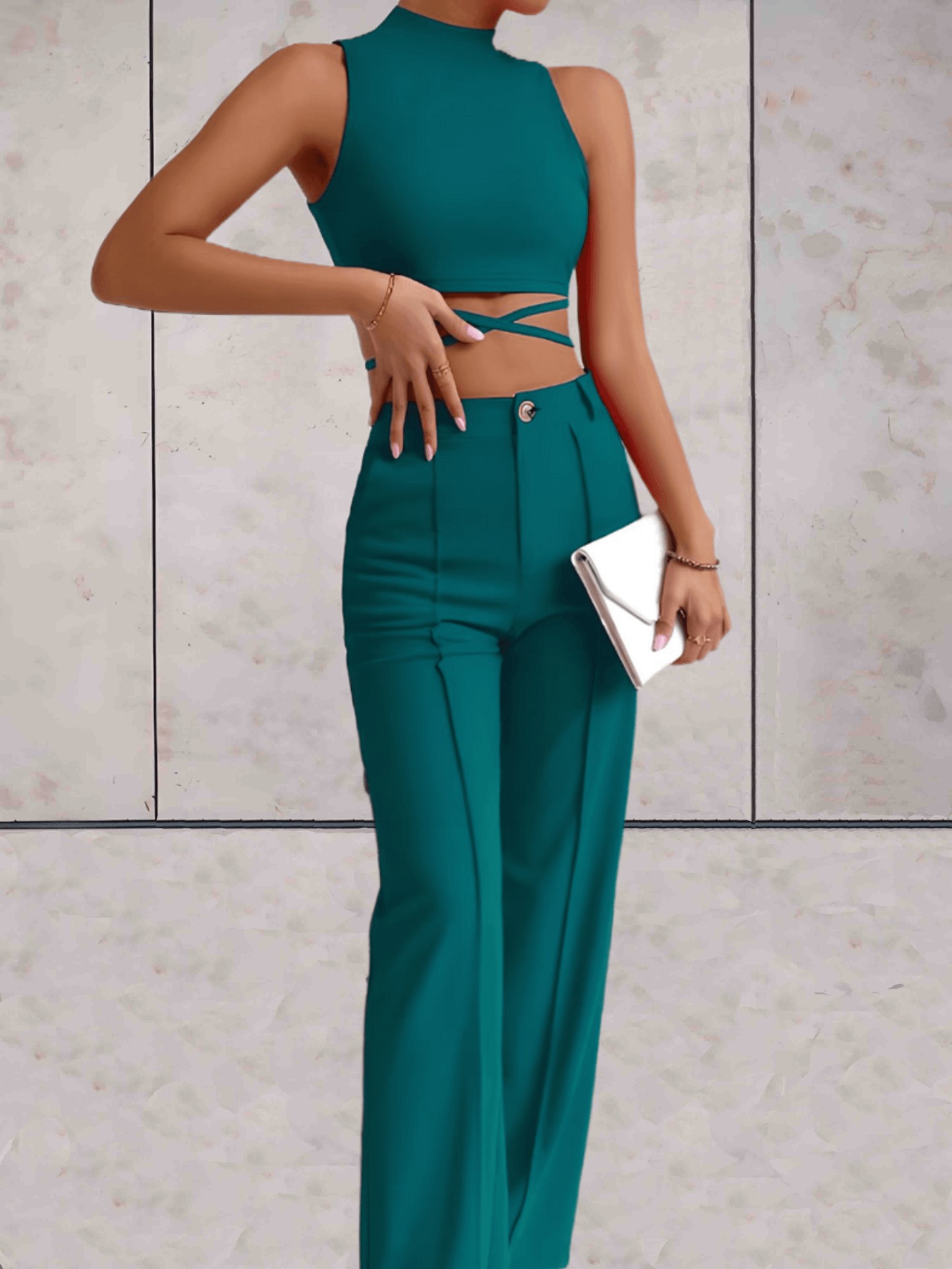 Women's Set - Crop Top with Cross Details & High-Waisted Wide Pants - Elegant Look