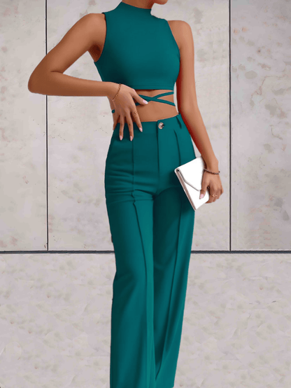 Women's Set - Crop Top with Cross Details & High-Waisted Wide Pants - Elegant Look