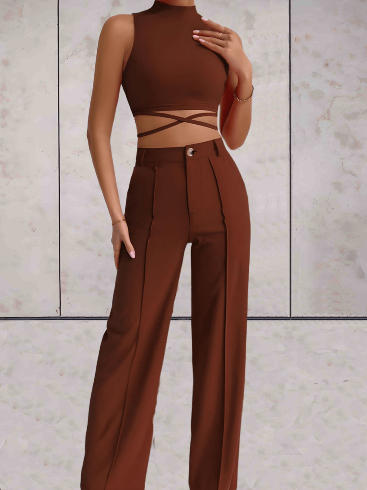 Women's Set - Crop Top with Cross Details & High-Waisted Wide Pants - Elegant Look