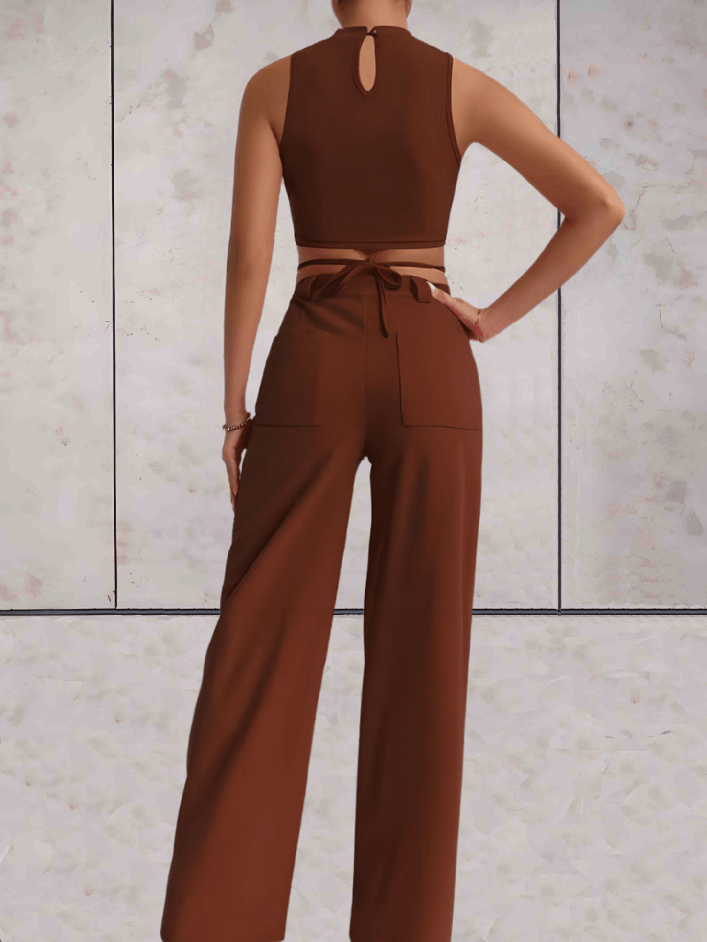 Women's Set - Crop Top with Cross Details & High-Waisted Wide Pants - Elegant Look