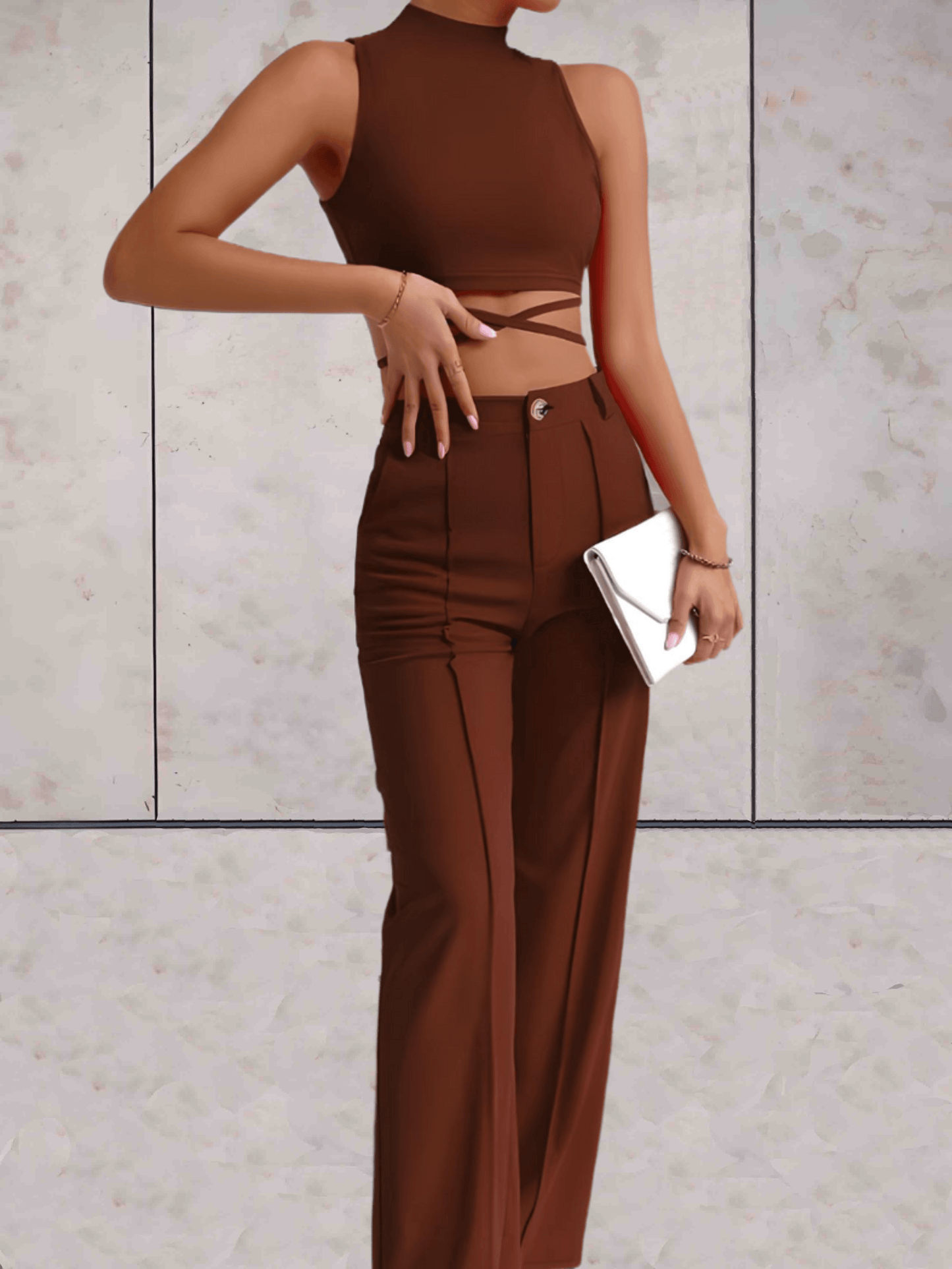 Women's Set - Crop Top with Cross Details & High-Waisted Wide Pants - Elegant Look