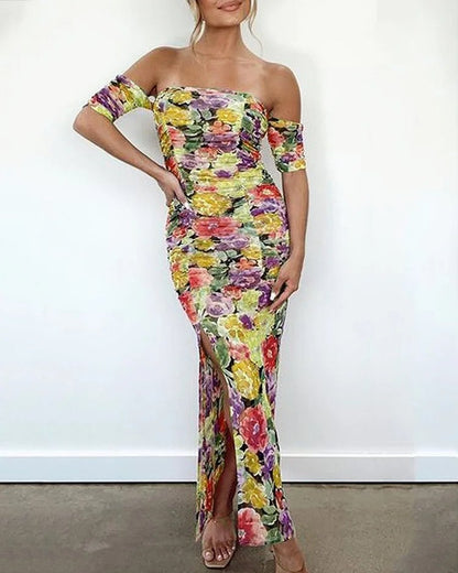 Women's Maxi Dress – Bodycon Fit – Off-Shoulder – Slit – Floral Print