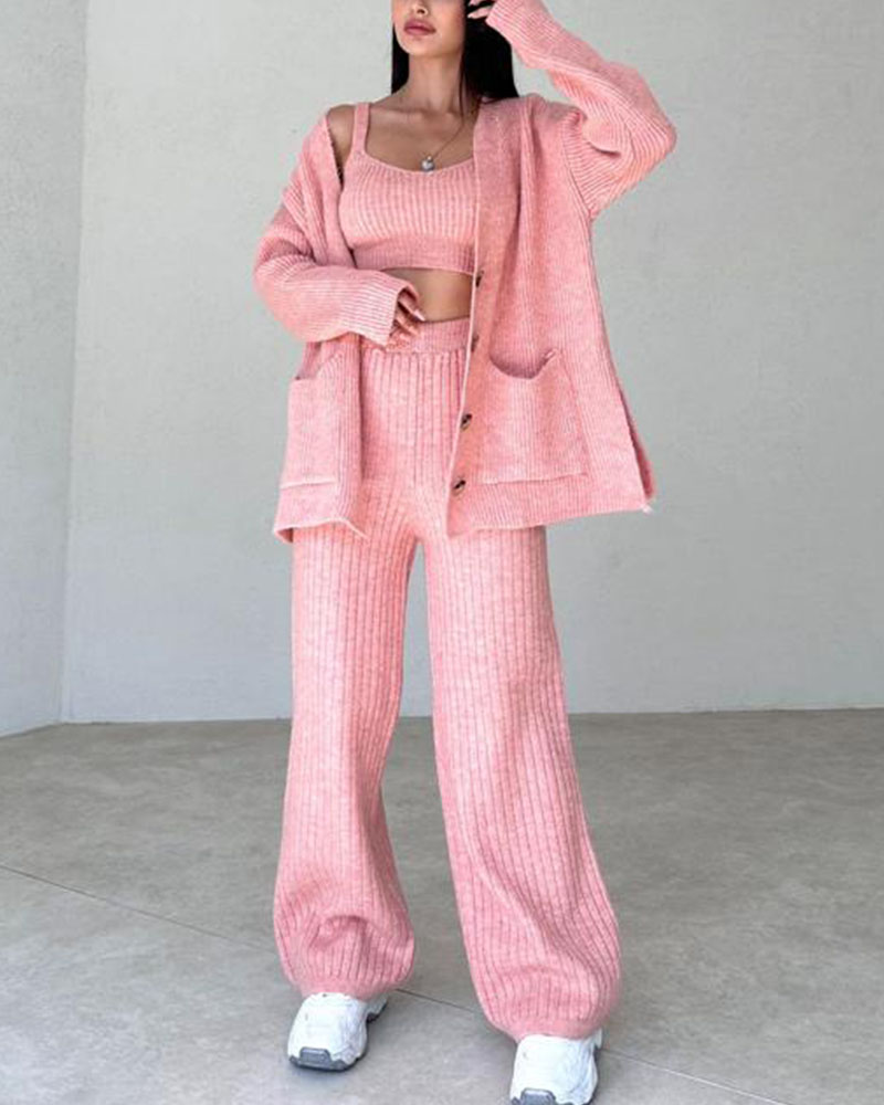 Women's Knitted Lounge Set - Cardigan, Crop Top and Wide-Leg Pants - Soft Comfort