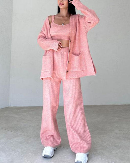 Women's Knitted Lounge Set - Cardigan, Crop Top and Wide-Leg Pants - Soft Comfort