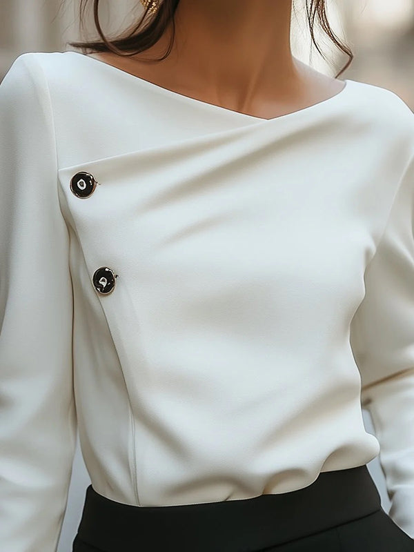 Asymmetrical Neck Button Detail Blouse for Women – Modern Office Elegance