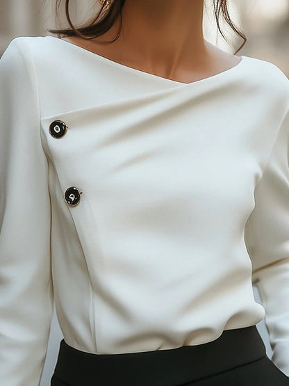 Asymmetrical Neck Button Detail Blouse for Women – Modern Office Elegance
