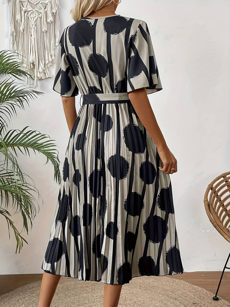 Women's Midi Dress - Polka Dotted - Tie Belt - Pleated Skirt - Elegant Elbow-Length Sleeves