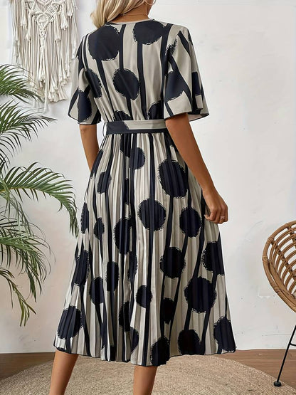 Women's Midi Dress - Polka Dotted - Tie Belt - Pleated Skirt - Elegant Elbow-Length Sleeves