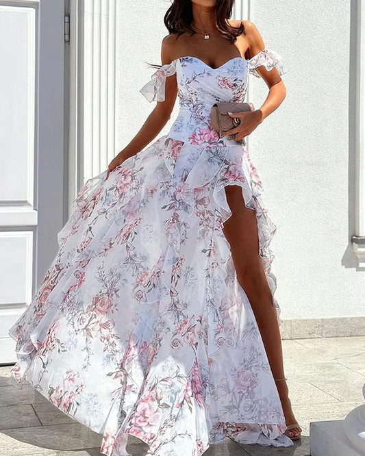 Women's Maxi Dress – Off Shoulder – High Slit – Ruched Skirt – Light Luxury Fabric