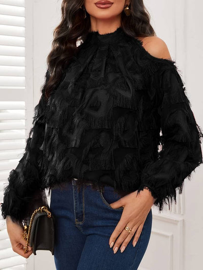Women's Blouse - Cold Shoulder Design - High Halter Neck - Long Voluminous Sleeves - Elegant Texture