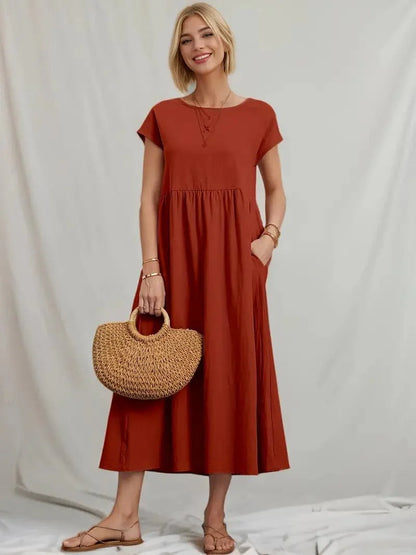Women's Dress - A-line Fit - Short Sleeve - Round Neck - Midi Length - Lightweight and Breathable