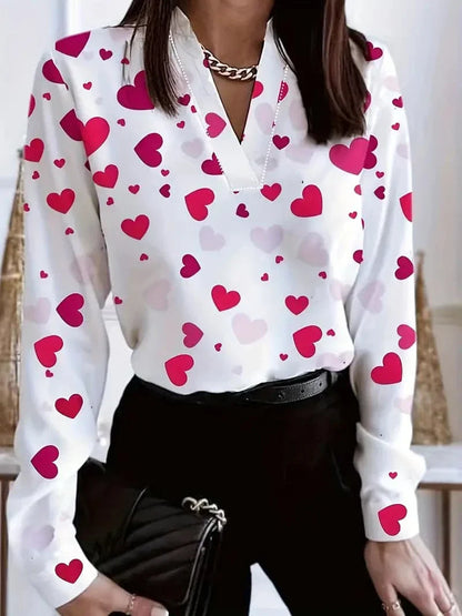 Women's Blouse - V-neck - Lightweight Fabric - Loose Fit - Elegant Long Sleeves - Heart Pattern