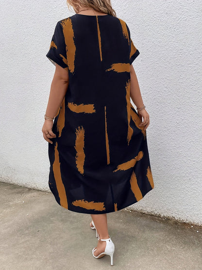 Women's Midi Dress - Loose Fit - V-neck - Short Sleeves - Light and Airy