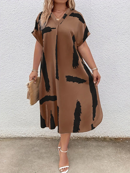 Women's Midi Dress - Loose Fit - V-neck - Short Sleeves - Light and Airy