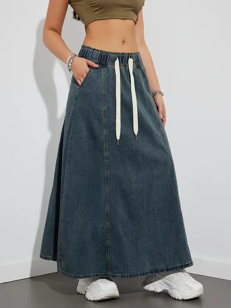 Women's Maxi Skirt - Denim - Elastic Waist with Drawstring - A-Line - Casual Look