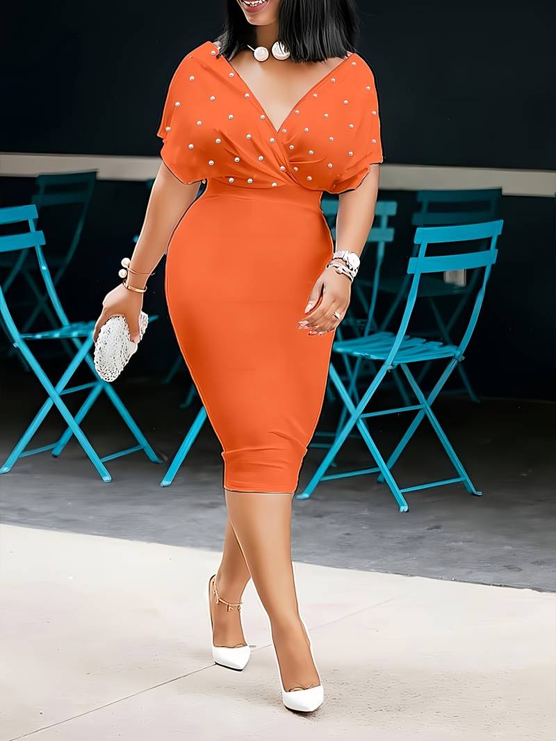 Women's Midi Dress - Fitted V-Neck - Pearl Details & Short Sleeves - Elegant Party