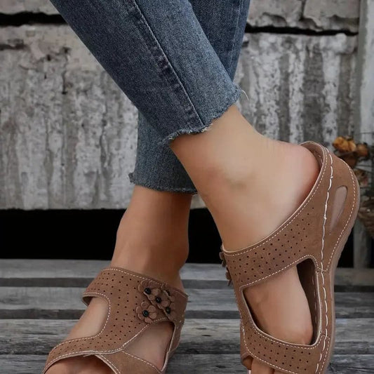 Women's Sandals - Leather - Wedge Heel - Slip-on - Open Toe - Cutouts & Flower Details