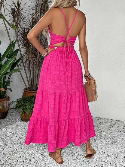 Women's Halterneck Dress - Sleeveless - Ankle Length - Flowing Layered Design