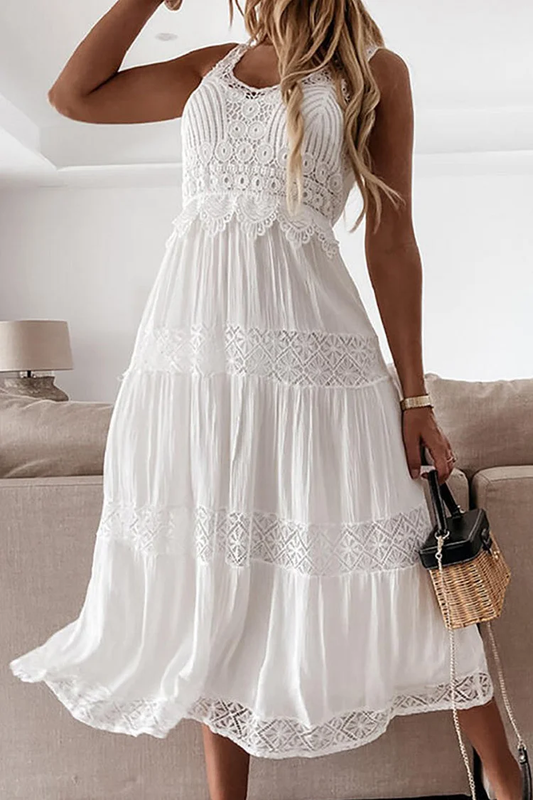 Dress for Women - Sleeveless Midi - Lace & Crochet Detail - Elegant Bohemian Look