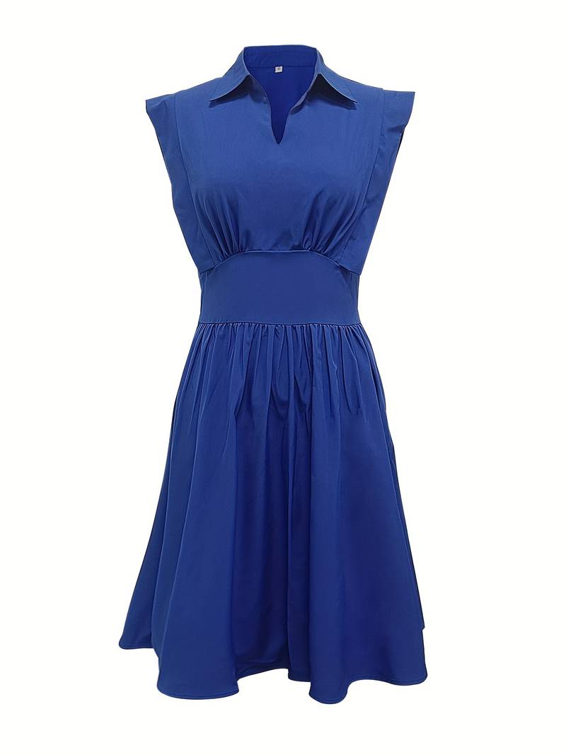 Woman Dress - Fitted Waist - Sleeveless with Shoulder Ruffles - Knee-Length Pleated Skirt - Collar