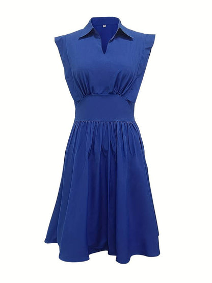 Woman Dress - Fitted Waist - Sleeveless with Shoulder Ruffles - Knee-Length Pleated Skirt - Collar