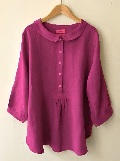 Women's Blouse - Loose Fit - Peter Pan Collar - Button Closure - 3/4 Sleeves