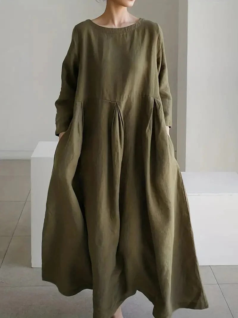 Women's Maxi Dress - Loose Fit - Long-Sleeved with Ruched Waist - Lightweight and Breathable